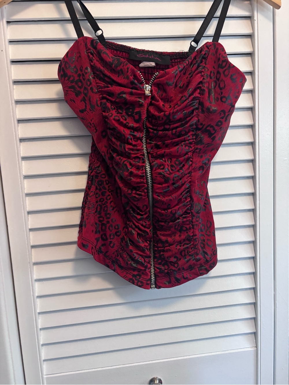 Red Animal-Print Ruched Zip-Front Womens Top